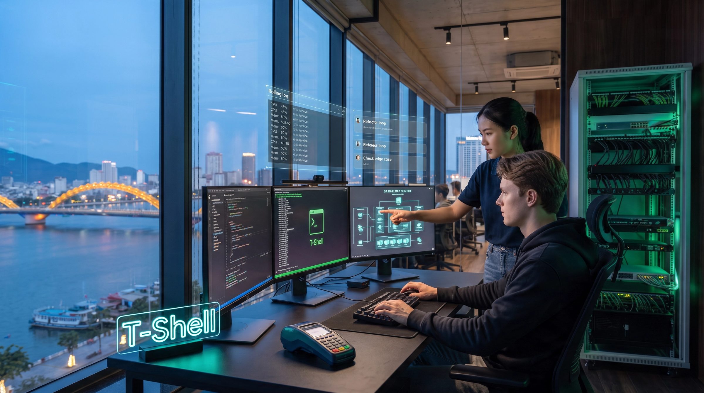 Two T-Shell engineers at a desk in the Da Nang studio at dusk, reviewing a service diagram and a rolling log across three monitors, a lit server rack beside them and the Dragon Bridge over the Han River through the window.
