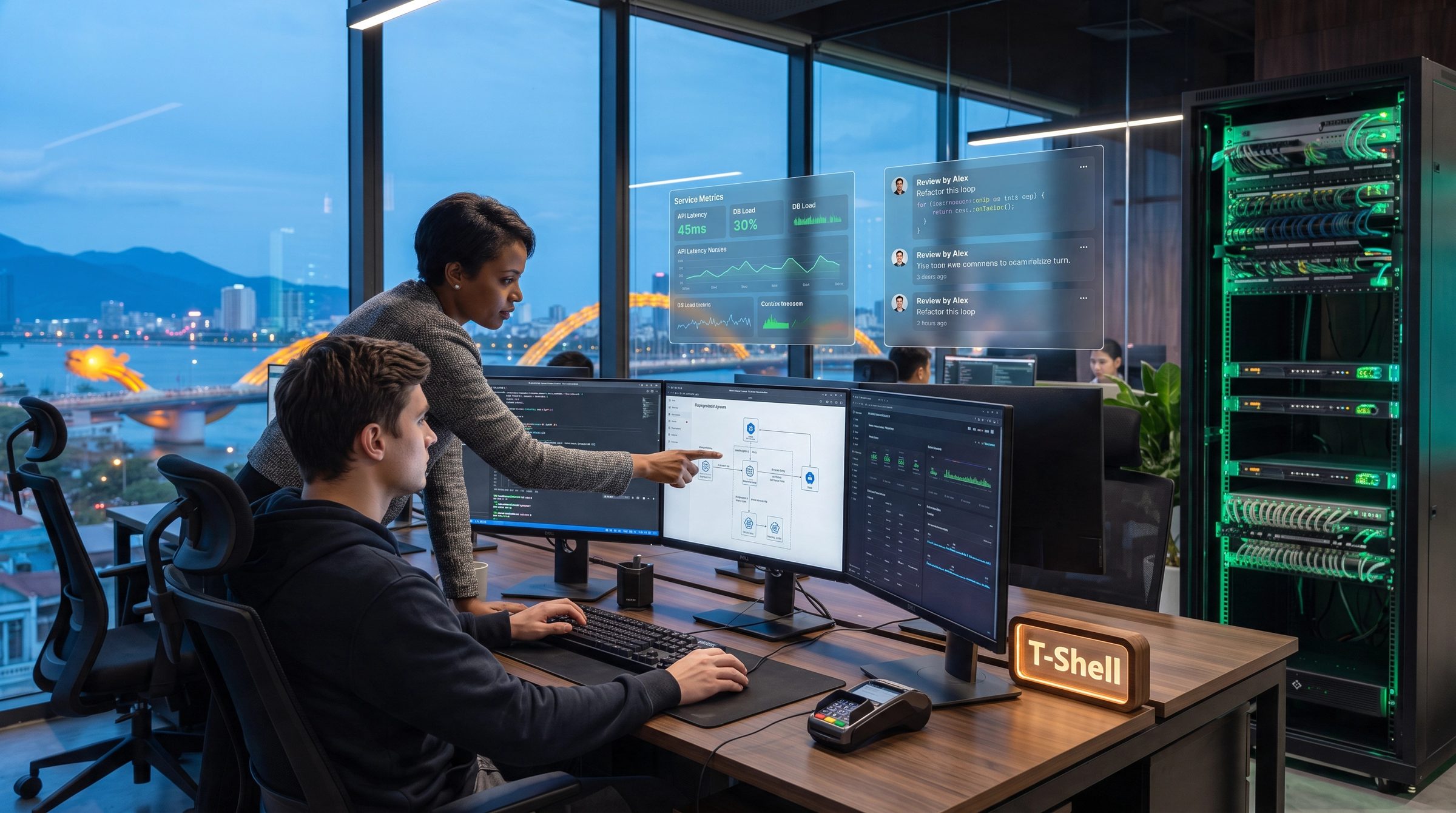 Two T-Shell engineers working through a code review together in the Da Nang studio, service metrics and review comments on screen, a lit server rack behind them and the Dragon Bridge through the window.