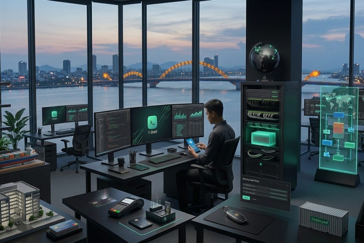 The T-Shell studio at dusk in Da Nang: an engineer at a multi-monitor
                      desk running code and dashboards, a server rack, a card terminal on the
                      table and a lit deployment diagram, with the Dragon Bridge over the Han
                      River through the window.